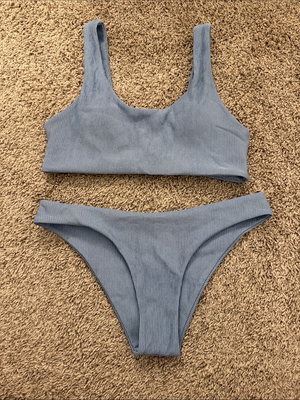 Ribbed Scoop Neck Bikini Set in Dusty Blue Size Medium